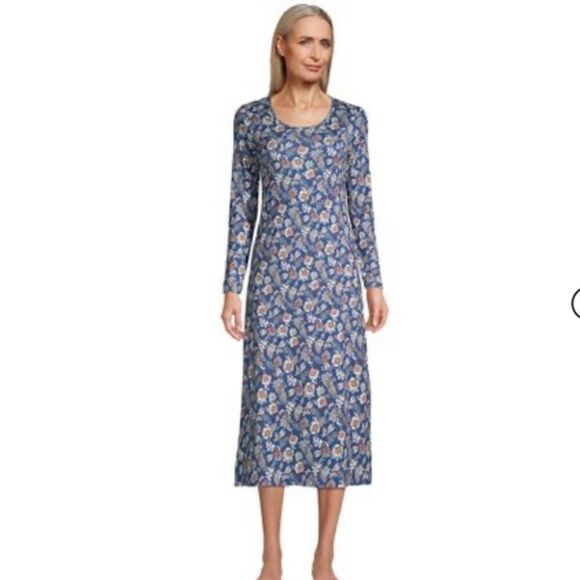 Lands’ End Cotton Aqua Blue Floral Midcalf Sleep Shirt Nightgown Midi Dress - Picture 1 of 6